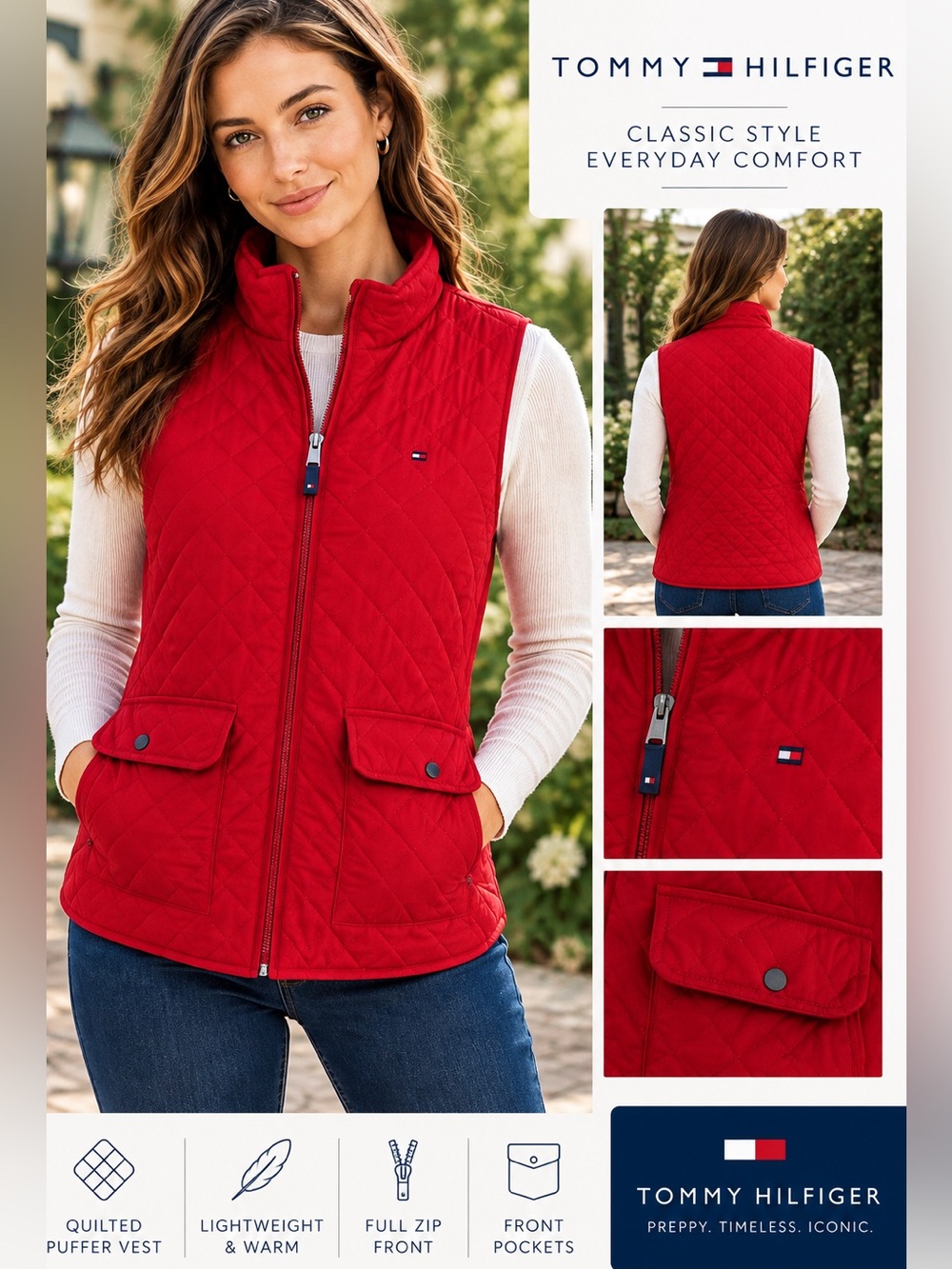 Tommy Hilfiger Red Quilted Puffer Vest NWT Preppy Classic